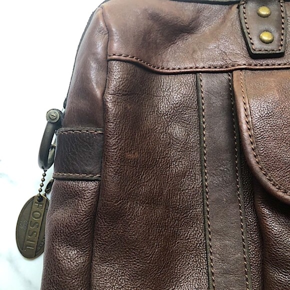 Fossil Brown Leather Briefcase Messenger Travel Crossbody Bag Double handle - Picture 4 of 15